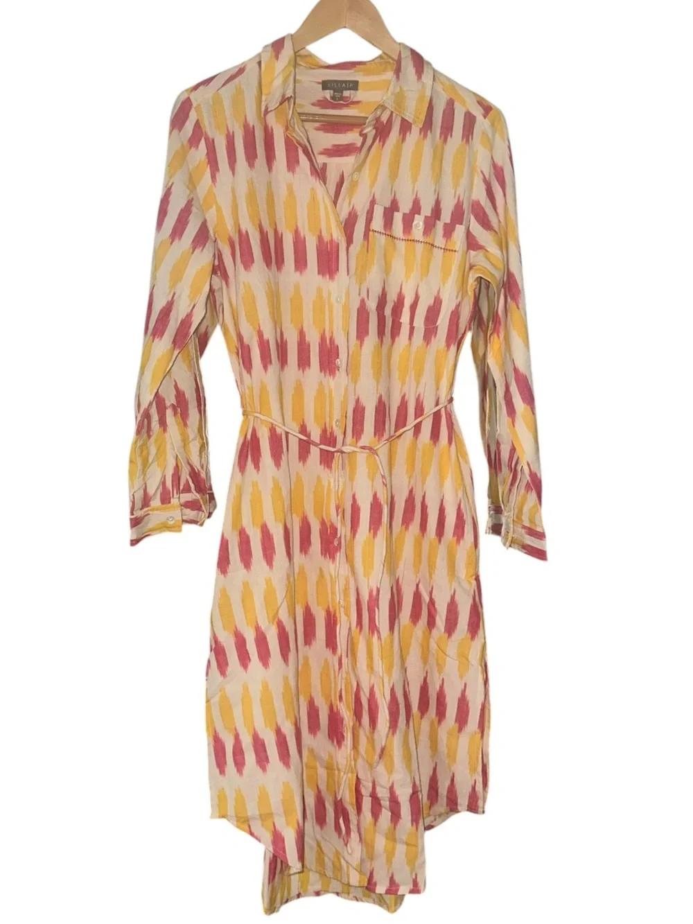 Lilla P Shirt Dress Taffy Ikat Vibrant Pink & Orange On Cream Background Sz S